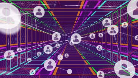 Animation-of-network-of-connections-with-people-icons-over-tunnel-on-purple-background