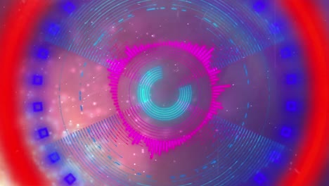 Animation-Von-Bunten-Kreisen-Und-Formen-über-Hellen-Flecken-Auf-Violettem-Hintergrund