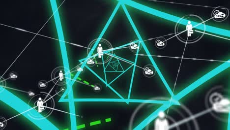 Animation-of-network-of-connections-with-people-icons-and-neon-triangles-over-black-background