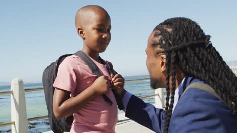Video-of-happy-african-american-father-and-son-talking-by-sea