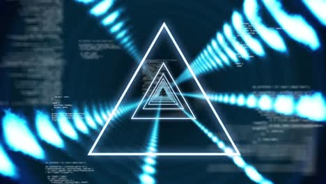 Animation-of-neon-triangles-over-data-processing-on-black-background