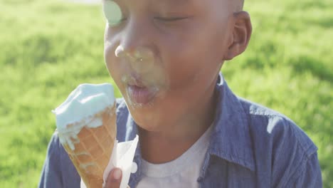 Video-Eines-Glücklichen-Afroamerikanischen-Jungen,-Der-An-Einem-Sonnigen-Tag-Eis-Auf-Gras-Isst