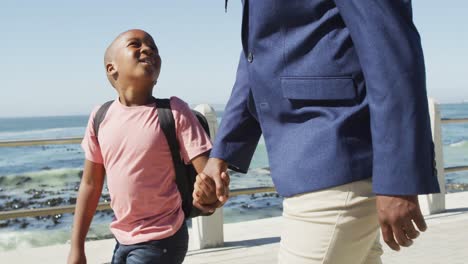 Video-of-happy-african-american-father-and-son-walking-and-talking-by-sea