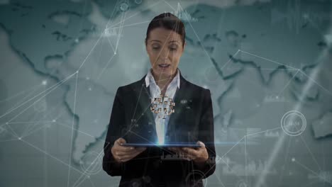 Animation-of-globe-of-network-of-connections-over-caucasian-businesswoman-using-tablet