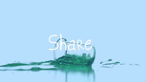 Animation-of-share-over-glass-with-reagent-falling-on-blue-background