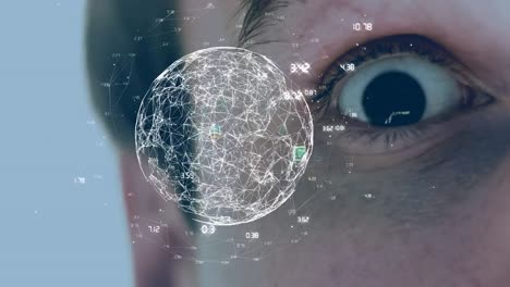 Animation-of-globe-with-network-of-connections-with-numbers-over-caucasian-man's-face