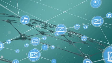 Animation-of-network-of-connections-with-icons-over-green-background