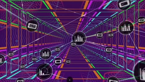 Animation-Eines-Netzwerks-Von-Verbindungen-Mit-Symbolen-über-Einem-Abstrakten-Neontunnel-Auf-Violettem-Hintergrund