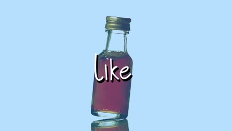 Animation-of-like-over-bottle-with-reagent-on-blue-background