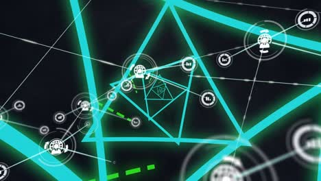 Animation-of-network-of-connections-with-icons-over-neon-triangles-and-black-background