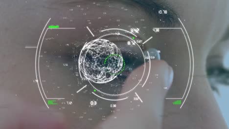 Animation-of-globe-with-network-of-connections-over-caucasian-woman-putting-contact-lens