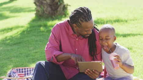 Video-Eines-Glücklichen-Afroamerikanischen-Vaters-Und-Sohnes,-Die-Draußen-Ein-Picknick-Machen-Und-Ein-Tablet-Benutzen