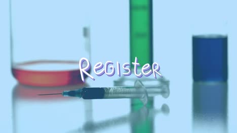 Animation-of-register-over-syringe-with-reagent-falling-on-blue-background-with-lab-glasses