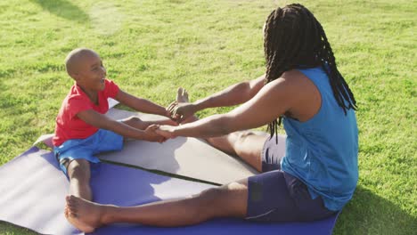 Video-of-happy-african-american-son-and-father-stretching-on-grass-on-sunny-day