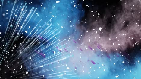 Animation-of-purple-lines-and-confetti-over-smoke-on-black-background