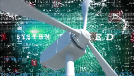 Animation-of-wind-turbine-over-data-processing-on-black-backgorund