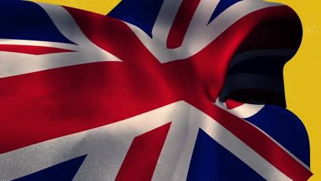 Animation-of-flag-of-uk-and-network-of-connections-on-yellow-background