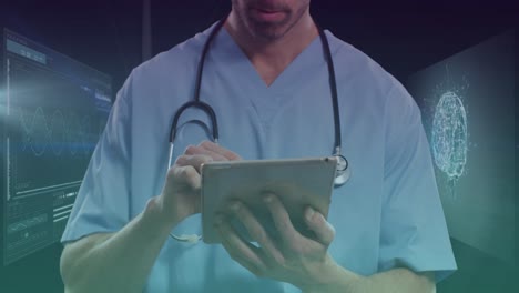 Animation-of-caucasian-male-doctor-with-tablet-over-data-processing