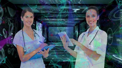 Animation-of-caucasian-female-doctors-over-data-processing