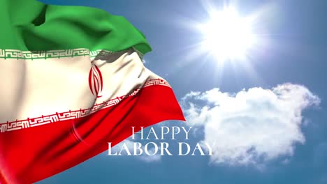 Animation-of-happy-labor-day-text-over-iranian-flag-and-blue-sky