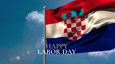 Animación-Del-Texto-Del-Feliz-Día-Del-Trabajo-Sobre-La-Bandera-Croata-Y-El-Cielo-Azul