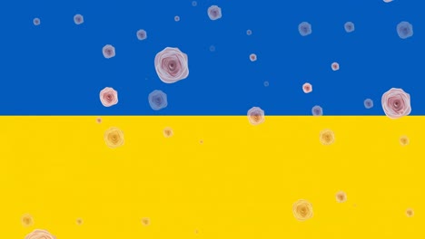 Animation-Von-Weißen-Rosen,-Die-über-Der-Flagge-Der-Ukraine-Schweben