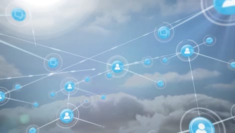 Animation-Des-Netzwerks-Von-Verbindungen-Mit-Menschensymbolen-über-Wolken