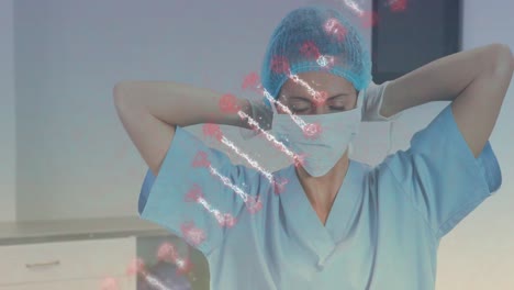 Animation-of-caucasian-female-doctor-with-face-mask-over-dna-strand