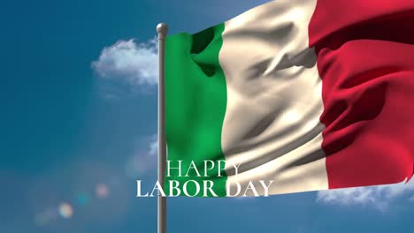 Animation-of-happy-labor-day-text-over-italian-flag-and-blue-sky