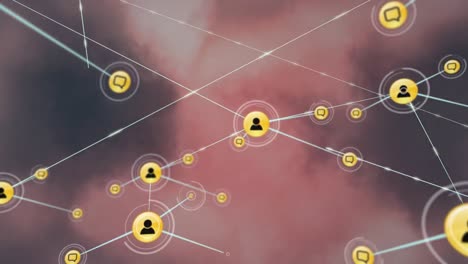 Animation-of-network-of-connections-with-people-icons-over-pink-clouds