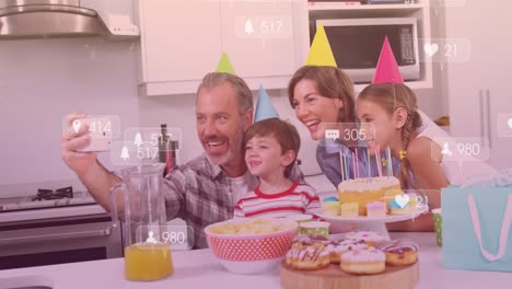 Animation-of-media-icons-over-happy-caucasian-family-taking-photo-at-party