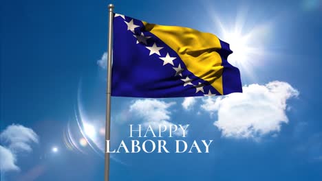 Animation-of-happy-labor-day-text-over-flag-of-bosnia-and-herzegovina-and-clouds