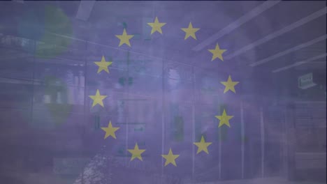 Animation-of-diverse-data-and-european-union-flag-over-servers