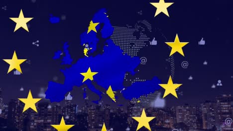 Animación-De-La-Bandera-De-Europa-Y-La-UE-Sobre-Procesamiento-De-Datos-Y-Paisaje-Urbano.