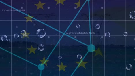 Animación-De-Diversos-Datos-Sobre-Globos-Terráqueos,-Conexiones,-Bandera-De-La-Unión-Europea-Sobre-Postes-De-Electricidad