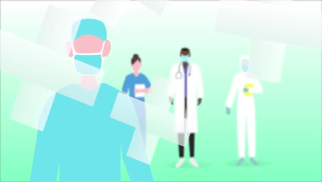 Animation-of-diverse-doctors-icons-over-cross-icons