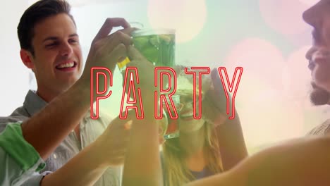 Animation-of-party-text-over-happy-diverse-friends-with-drinks