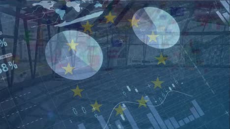 Animación-De-Diversos-Datos-Financieros-Y-Gráficos-Sobre-La-Bandera-De-La-Unión-Europea