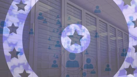 Animation-of-circles-with-stars-over-media-icons-and-server-room