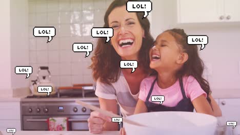 Animation-of-lol-texts-over-happy-caucasian-mother-with-daughter-baking