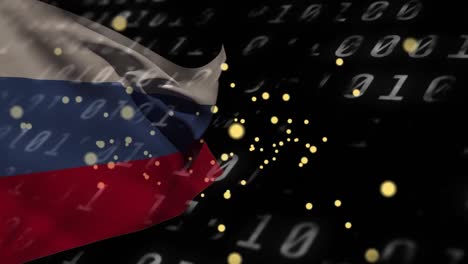 Animation-of-spots-over-data-processing-and-flag-of-russia
