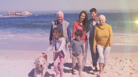 Animation-of-light-spots-over-happy-caucasian-family-at-beach