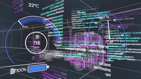 Animation-of-data-processing-and-car-panel-with-lorry-on-black-background