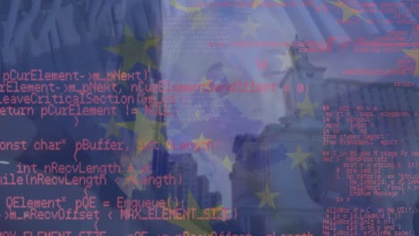 Animation-of-diverse-data,-cityscape-and-european-union-flag