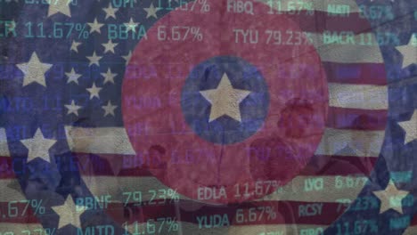 Animation-of-circles-with-stars-over-american-flag-and-data-processing