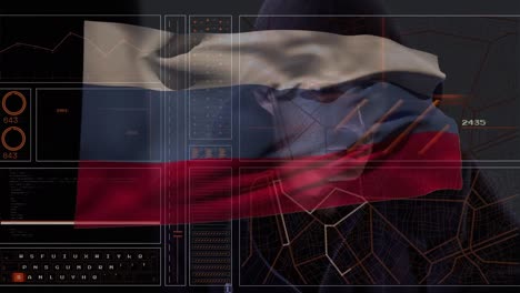 Animación-De-Un-Hacker-Caucásico-Sobre-Procesamiento-De-Datos-Y-Bandera-De-Rusia