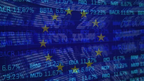 Animación-De-Diversos-Datos-Financieros-Y-Gráficos-Sobre-La-Bandera-De-La-Unión-Europea