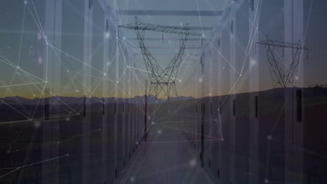 Animation-of-globe-rotating-over-connections-and-electricity-poles-at-sunset