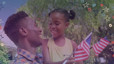 Animación-De-Estrellas-Sobre-Un-Feliz-Padre-Afroamericano-Con-Su-Hija-Ondeando-Banderas-Americanas