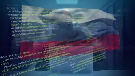 Animation-of-caucasian-male-hacker-over-data-processing-and-flag-of-russia